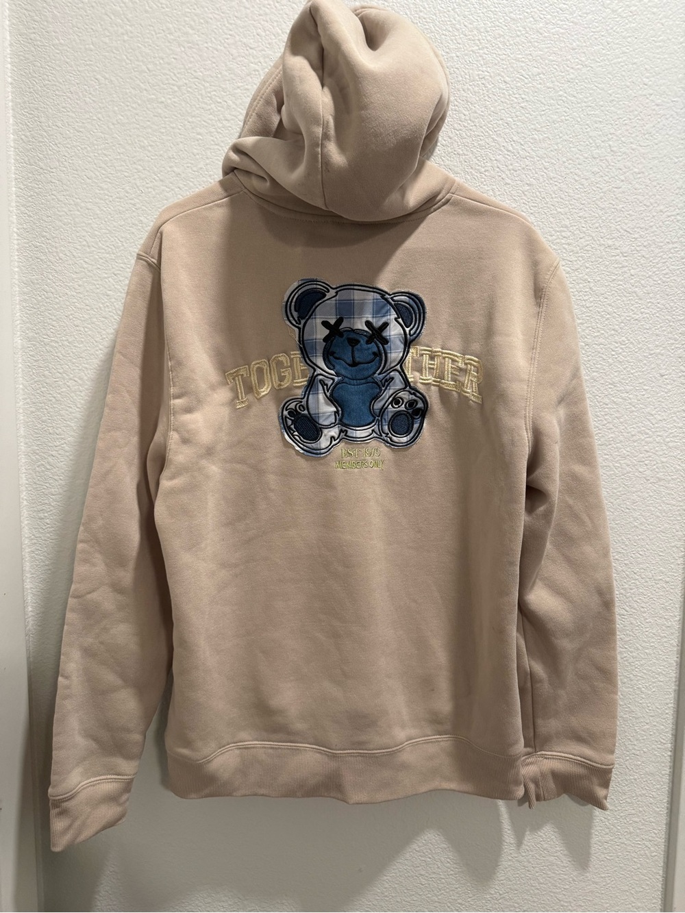 Members Only Men's Beige Fleece Pullover Hoodie Teady Bear Graphic M